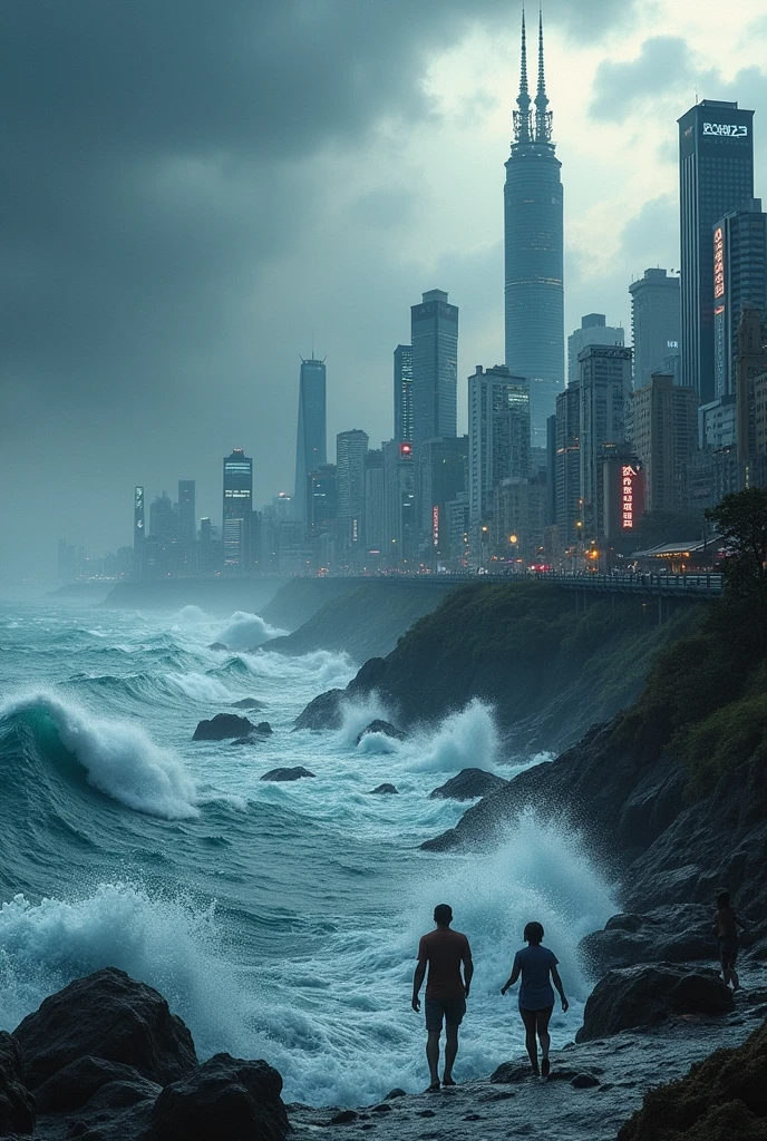 The seabed, likely the epicenter, rises with a booming sound due to the major earthquake.、The sea surges up。Many major cities could be submerged and destroyed by rising sea levels.。Location: Japan、Tokyo。