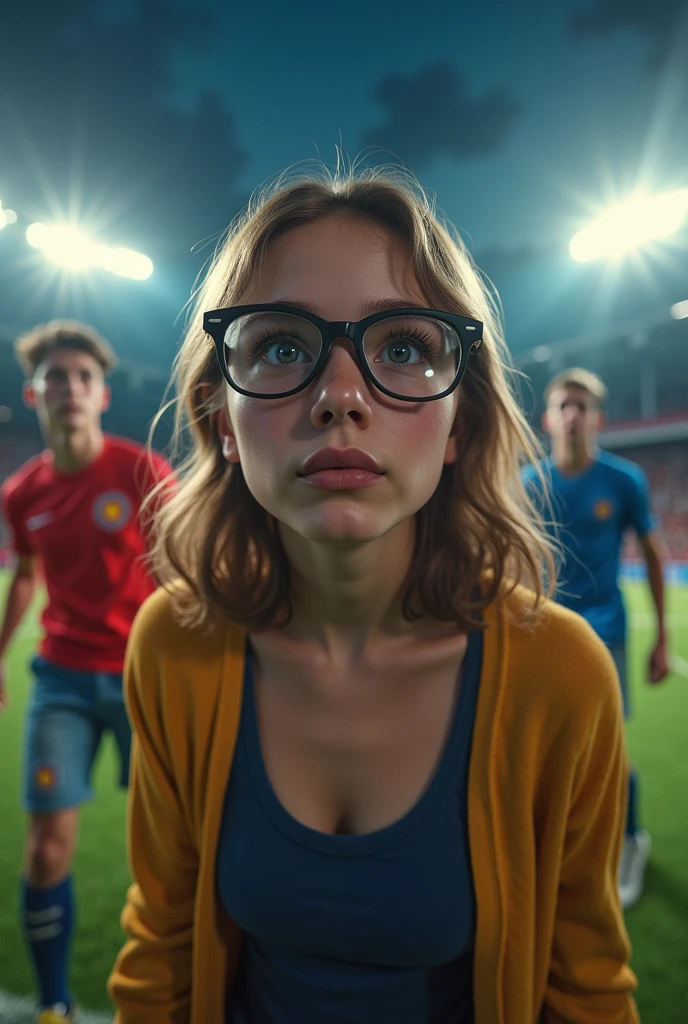 a girl with glasses, a nerdy girl, a love triangle, rivals, football, romance, book cover, photorealistic, cinematic lighting, dramatic composition, beautiful detailed eyes, beautiful detailed lips, extremely detailed face and features, long eyelashes, intricate details, vivid colors, dramatic lighting, cinematic atmosphere, epic, dynamic pose, passionate expression