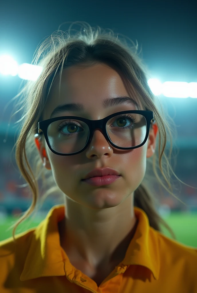 a girl with glasses, a nerdy girl, a love triangle, rivals, football, romance, book cover, photorealistic, cinematic lighting, dramatic composition, beautiful detailed eyes, beautiful detailed lips, extremely detailed face and features, long eyelashes, intricate details, vivid colors, dramatic lighting, cinematic atmosphere, epic, dynamic pose, passionate expression