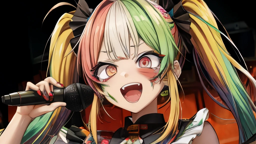 Ollie
multicolored hair
multicolored eyes
zombie_skin
traditional dress
twintails 、Sing with a microphone、singer