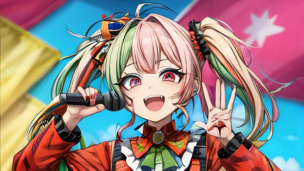 Ollie
multicolored hair
multicolored eyes
zombie_skin
traditional dress
twintails 、Sing with a microphone、singer