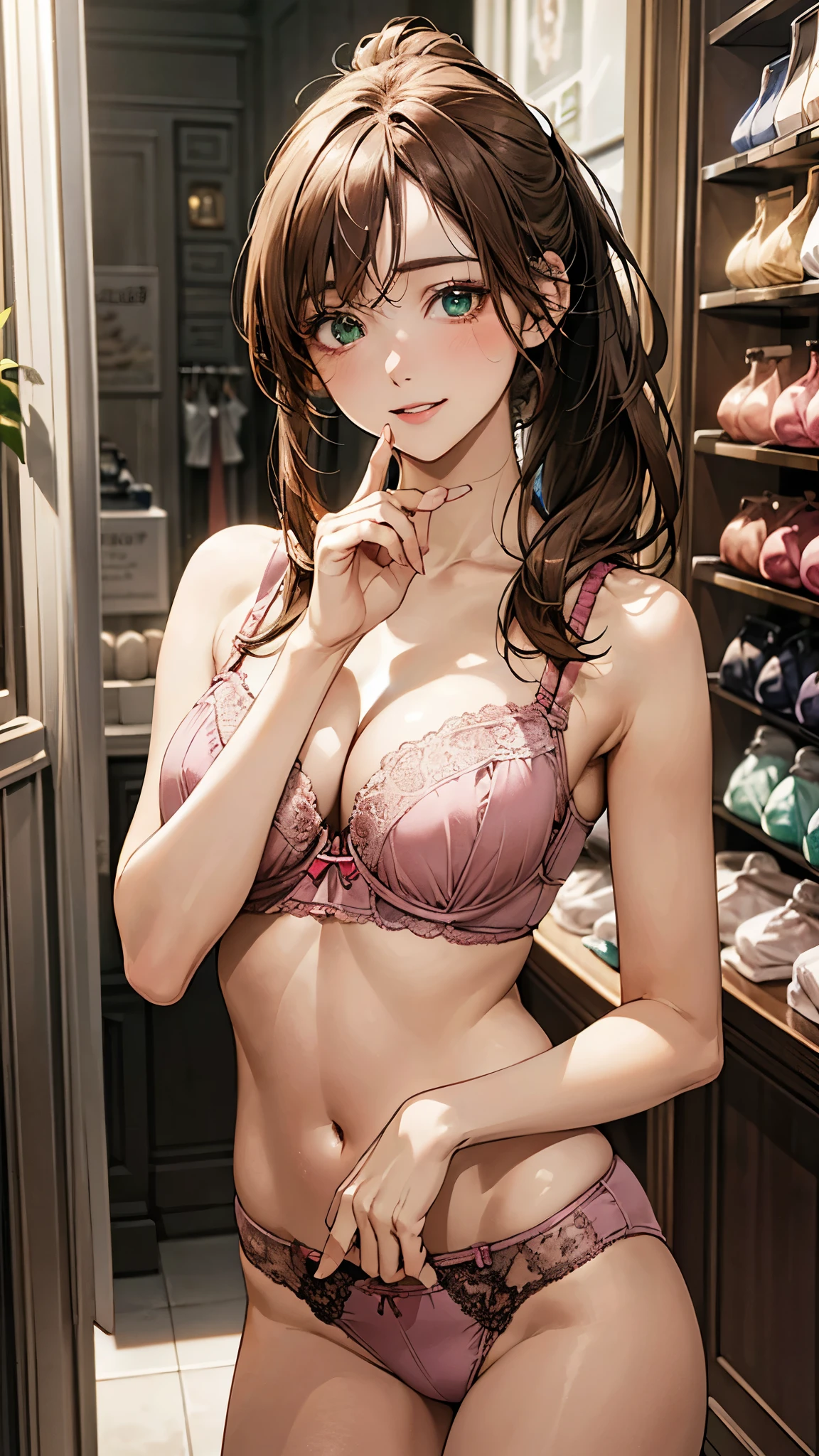 (masterpiece:1.2, highest quality), (realistic photo:1.4), beautiful illustrations, (natural side lighting, movie lighting), 
beautiful hair, beautiful face, detailed and beautiful eyes, beautiful clavicle, beautiful body, beautiful breasts, beautiful thighs, beautiful feet, beautiful fingers, 
looking at the viewer, 1 girl, high school girl, (perfect anatomy, anatomically correct, super detailed skin), cute symmetrical face, , perfect face, perfect eyes, slender, 
(long hair, folded ponytail, light brown hair), swept bangs, emerald-green eyes, big eyes, drooping eyes, long eye lasher, (medium breasts, seductive thighs), perfect body, shiny skin, 
(detailed cloth texture, pink bras with lace trim), break 
(beautiful scenery), evening, ((linshop, linshop background, linshop background with bras)), standing, break (seductive smile, upper eyes, parted lips), 