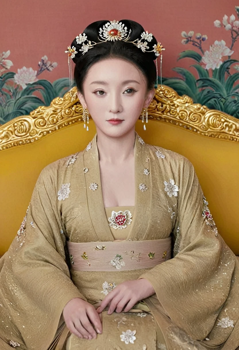 From the pre-Qing period, The Empress sits naked on a large golden sofa in the palace,  Her legs were spread, At the Chinese court during the Qing Dynasty, Empress of the Qing Dynasty, Wearing the great crown of the Chinese Empress, Belly and thighs visible from below.。She is completely naked, Showing off gorgeous large flowers and hairpins, She tied her hair up and pulled it up, 背景はEmpress of the Qing Dynastyの豪華な宮殿.