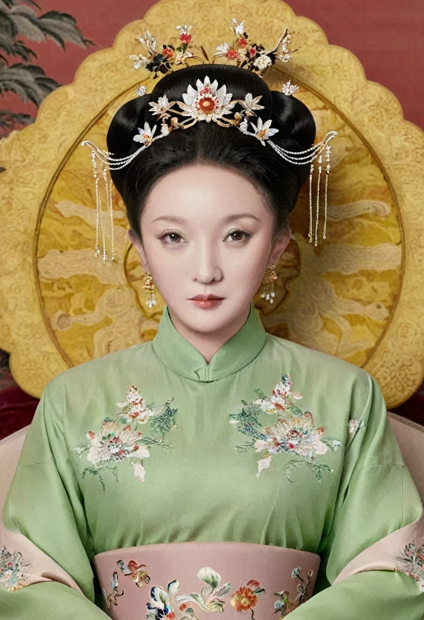 From the pre-Qing period, The Empress sits naked on a large golden sofa in the palace, Her legs were spread, At the Chinese court during the Qing Dynasty, Empress of the Qing Dynasty, Wearing the great crown of the Chinese Empress, Belly and thighs visible from below.。She is completely naked, Showing off gorgeous large flowers and hairpins, She tied her hair up and pulled it up, 背景はEmpress of the Qing Dynastyの豪華な宮殿.