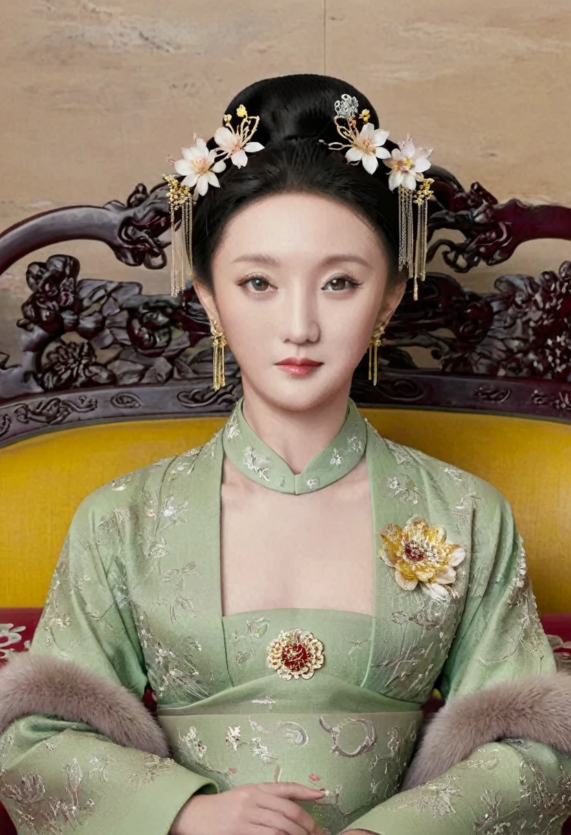From the pre-Qing period, The Empress sits naked on a large golden sofa in the palace, Her legs were spread, At the Chinese court during the Qing Dynasty, Empress of the Qing Dynasty, Wearing the great crown of the Chinese Empress, Belly and thighs visible from below.。She is completely naked, Showing off gorgeous large flowers and hairpins, She tied her hair up and pulled it up, 背景はEmpress of the Qing Dynastyの豪華な宮殿.
