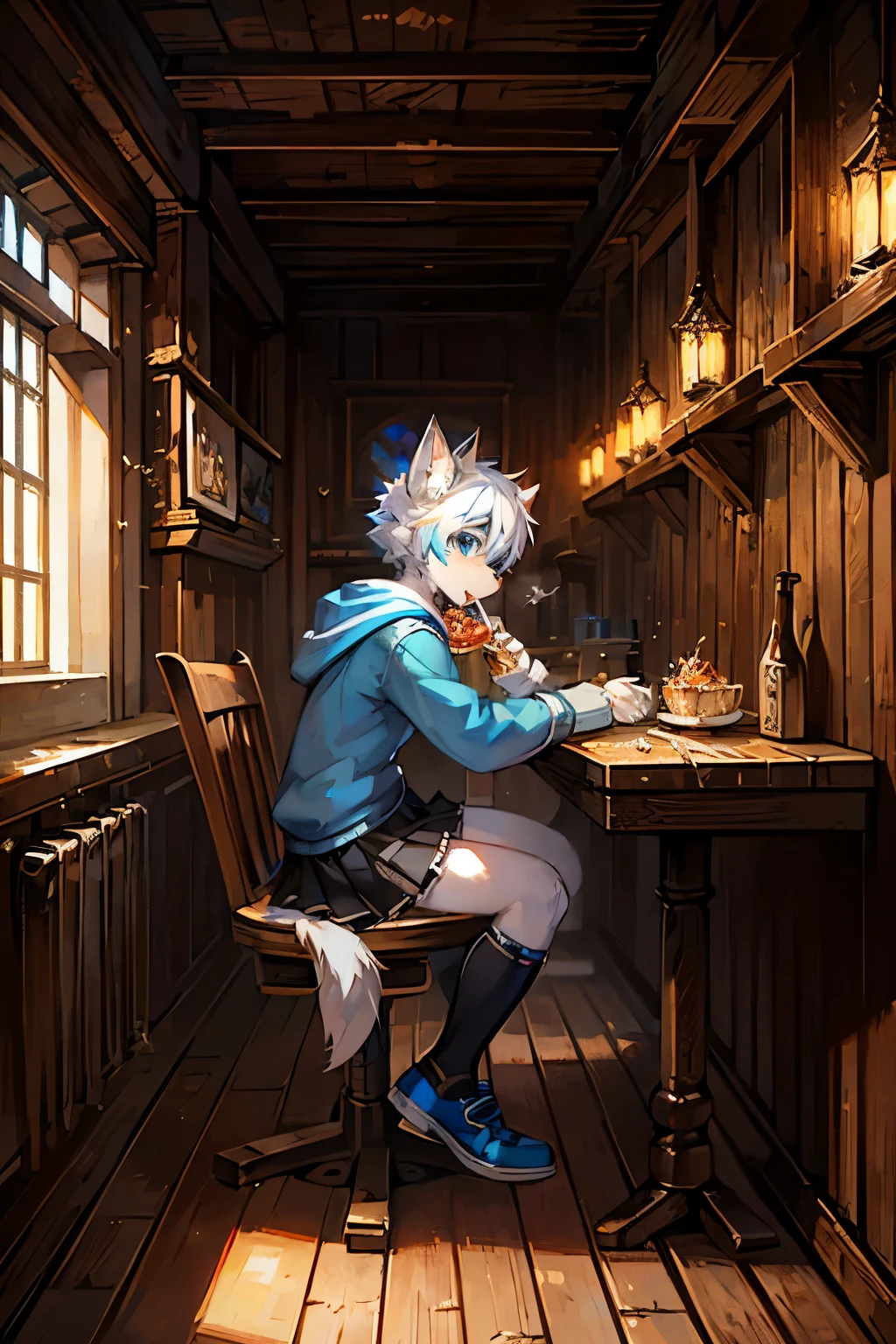 Furry, Anime furry, anthro male cat, light blue and white fur, short white hair, solo, blue sweatshirt, full body character, anime style character, digital painting, black skirt, medieval village, black medieval shoes, eating inside a medieval inn