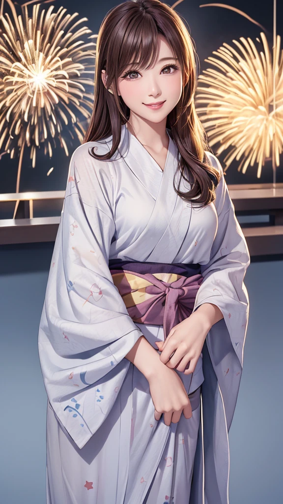 (((Cowboy Shot、Women's Solo Shot、Oil、Pure white wall background、masterpiece、Highest quality、High resolution)))、Redhead、Medium Hair、Side Ponytail、(((Yukata with fireworks pattern)))、(((Gray yukata)))、Fashionable hairstyles、Pure white wall background、Red cheeks、((No Shadow、Frame In))、((Small breasts))、((smile))、((Happy expression))、(((I have a folding fan)))、((((No background))))、