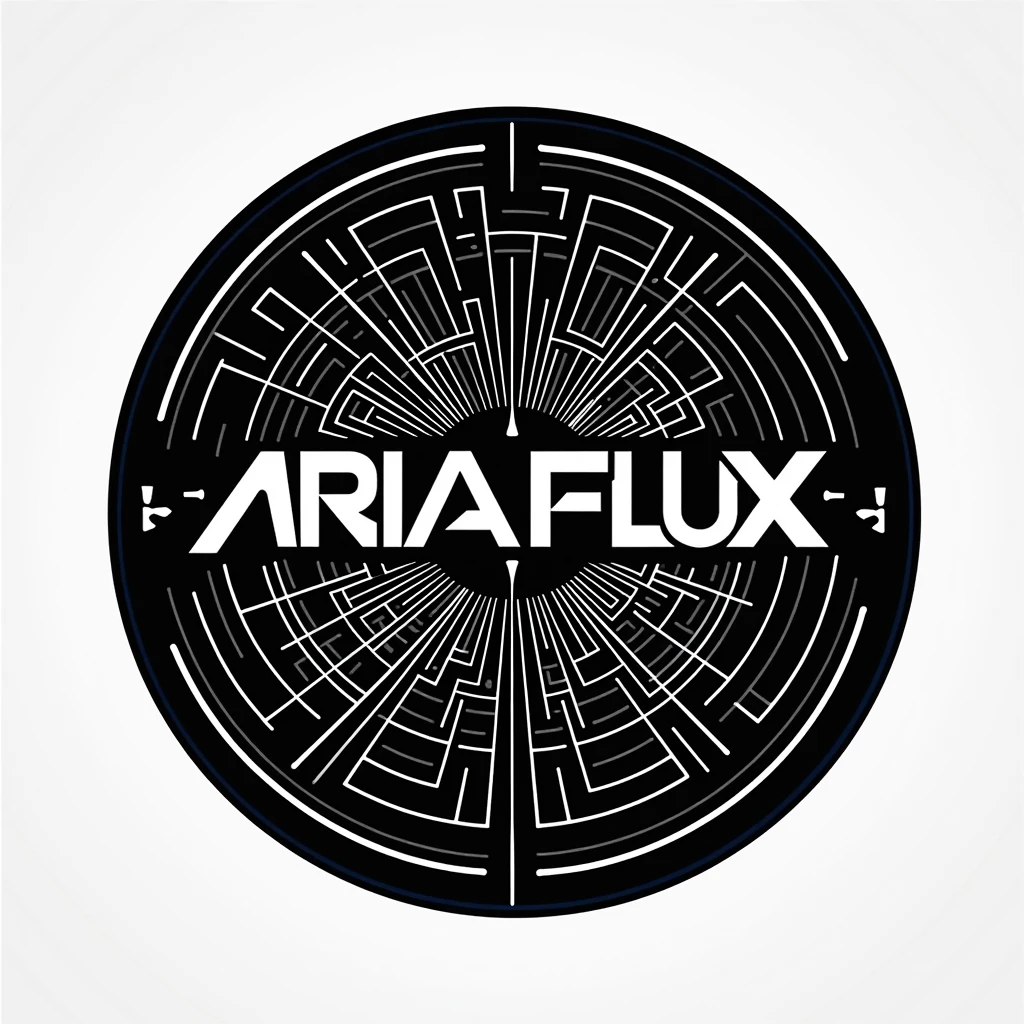 Create a circular logo for the name ‘Aria Flux’ with a modern and dynamic EDM vibe. The logo should feature bold, geometric lines and shapes that convey energy and rhythm, with a focus on the contrast between black and white. Incorporate subtle, abstract elements that hint at musical waves or sound frequencies, while maintaining a clean and minimalist design. The typography should be sleek, futuristic, and slightly stylized, fitting seamlessly within the circular frame. The overall look should be striking, energetic, and perfect for an artist in the EDM scene
