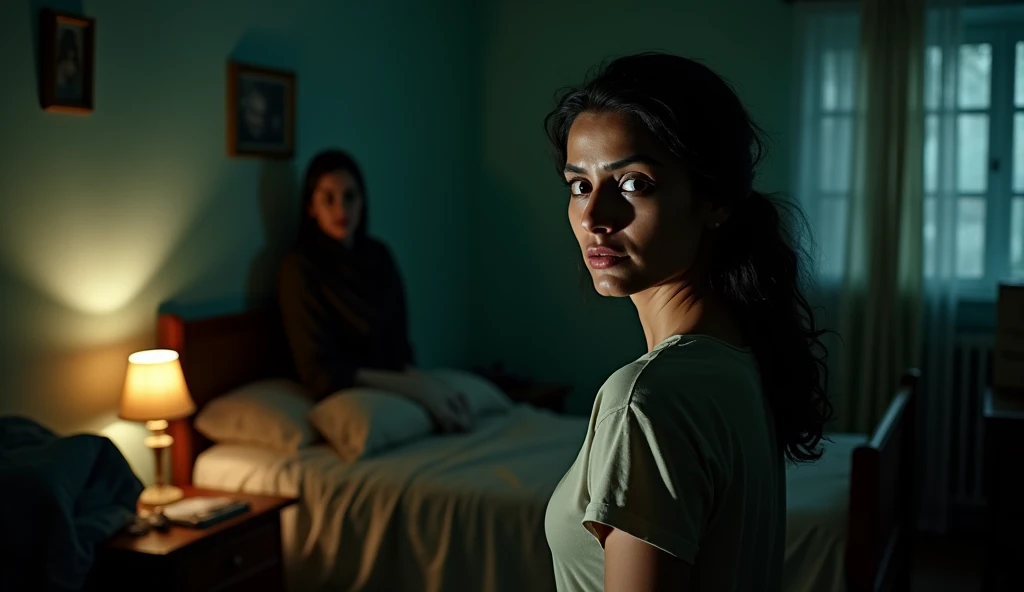 Character: Sunaina, mid-30s, standing in her bedroom, looking back at Abhi with a mix of fear and confusion. In the background, the shadow of the crispy old woman looms over Abhi, smiling eerily.
Background: The bedroom is dimly lit, with the curtains drawn and only a small bedside lamp providing light. The room is cluttered, reflecting Sunaina’s chaotic mental state. The shadowy figure of the woman adds a chilling element to the scene.