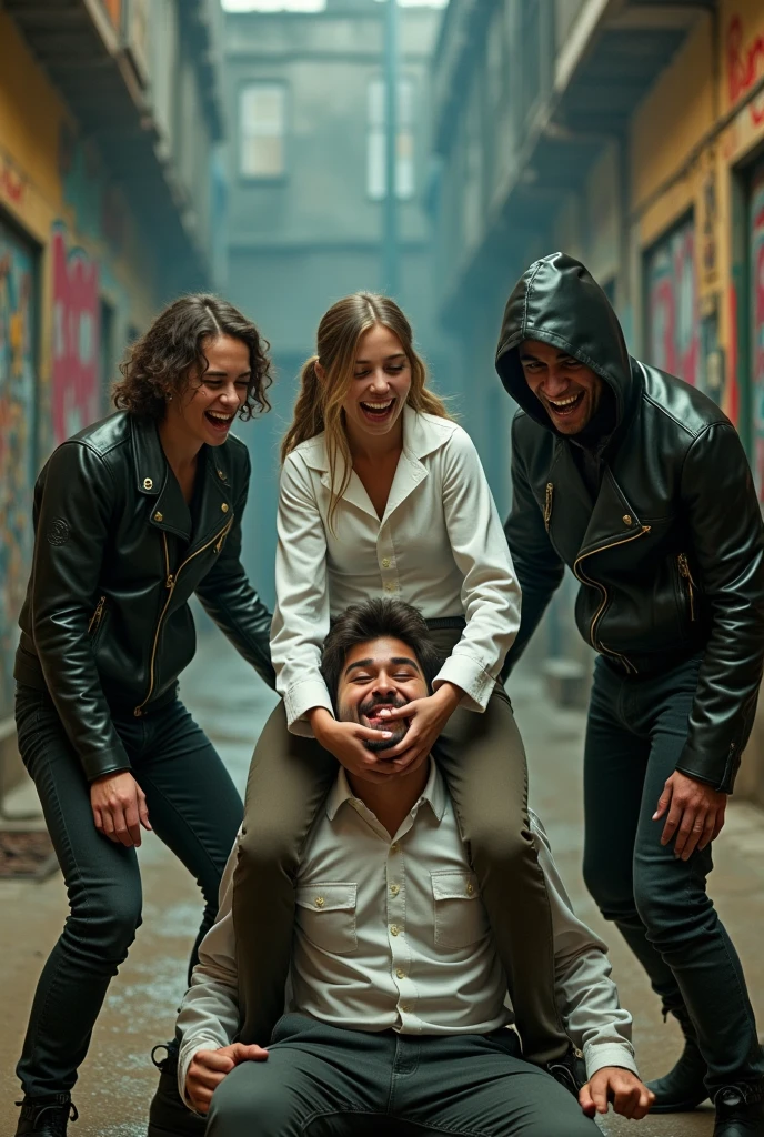 A girl in white horse riding outfit shifting into a guys mouth while siting on his face she is incredibly happy and the guy is broken and defeated she has a friend on her left laughing and on on the right with her boot on his balls an a evil grin the two friends are wearing black leather and carrying wipes and other tools that can cause harm
