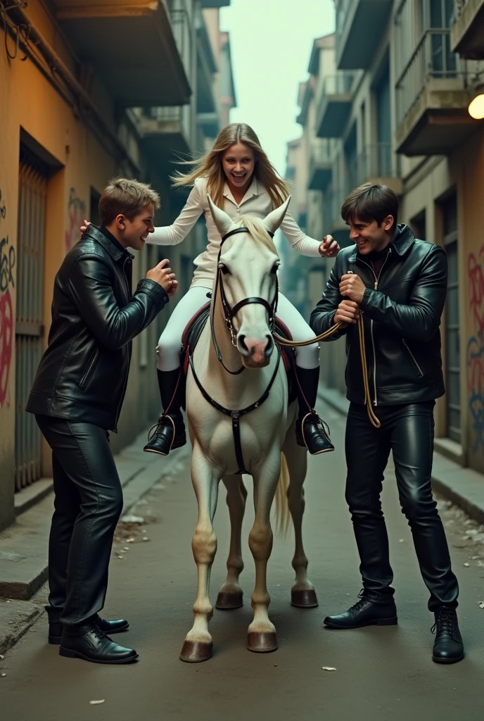 A teen girl in white horse riding outfit shifting into a guys mouth while siting on his face she is incredibly happy and the guy is broken and defeated she has a friend on her left laughing and on on the right with her boot on his balls an a evil grin the two friends are wearing black leather and carrying wipes and other tools that can cause harm