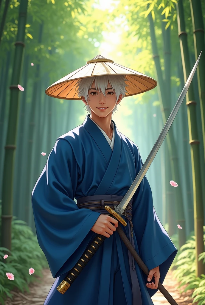 A twenty-year-old Asian male character, white hair, big eyes, agile, cheerful. holding a Japanese sword and wearing a conical hat
