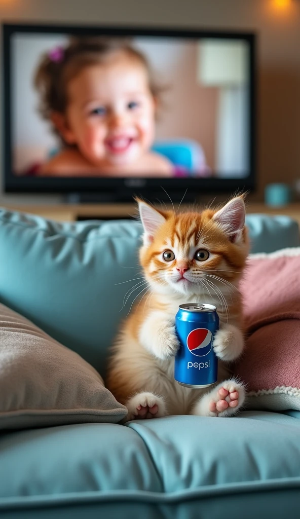 Cute miniature kitten, sitting in sofa, holding Pepsi, watching TV. Steffi photo in the wall at the background
