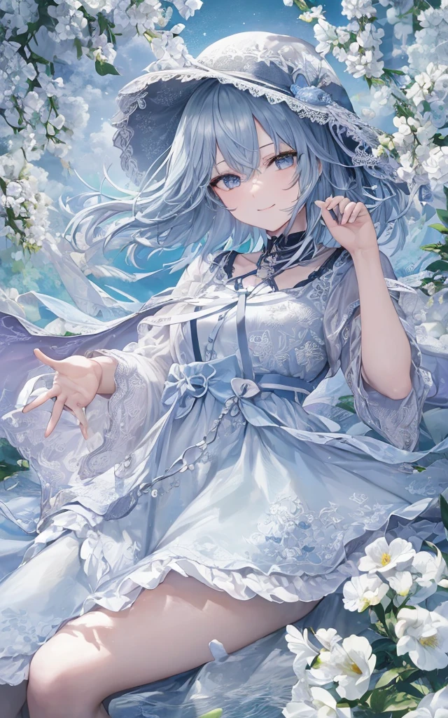 Ultra HD,Look at the viewers, Place your hands behind your back, and, 20-year-old, 非常にshort hair, Long bangs between the eyes, Pale blue eyes, Very detailed,(masterpiece、Highest quality),Gray Hair、Laughter、wonderful, Silver Hair, iris, short hair、 Fluttering Hair、Small face、明るいsmile、(Detailed face) ,Professional Lighting,wonderful風景,blue sky, sunlight,Looking down from above,Portraiture、Open your mouth、Flower Field、Her eyes were shining、Mysterious and enchanting atmosphere。With AI Painting、andてもshort hair, Long bangs between the eyes, Very detailed,(masterpiece、Highest quality)、alone、Gray Hair、Fantasy, Silver Hair, Fantasyな風景、smile、Open your mouth、short hair、short hair、hairpin、black eye、Grey Eyes、Beautiful Eyes、Black Shirt、White hoodie