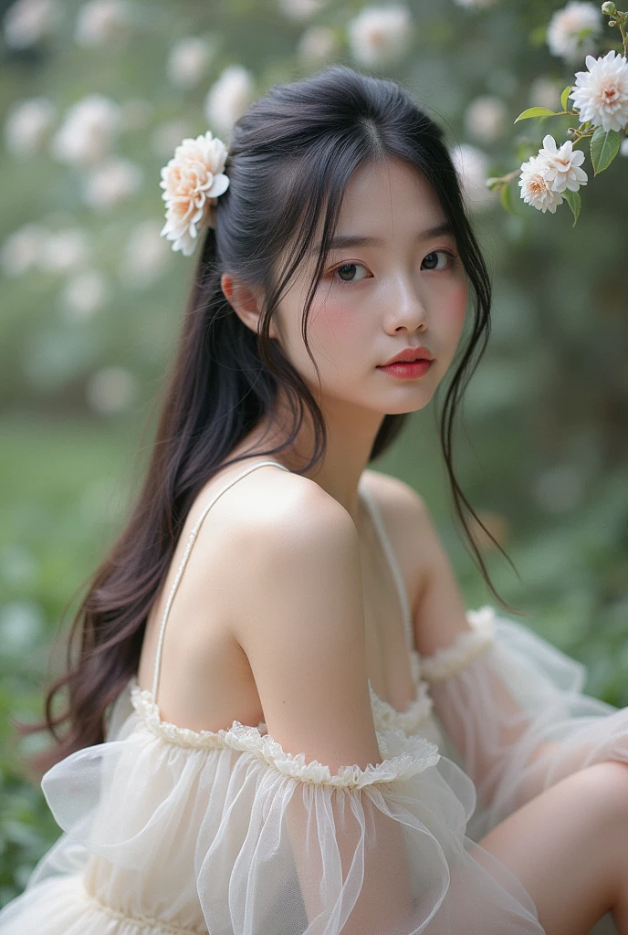 One woman,fully body photo,masutepiece, The highest image quality, High quality, the background is clear，Beautiful woman, Japanese, Detailed, Detailed eyes, Detailed skin, Beautiful skin, 超hight resolution, (reality: 1.4),Very beautiful woman, Slightly younger face, Beautiful skin, slender, (Ultra photo realsisim), (hight resolution), (8K), (Very detailed) (beautifully detailed eyes), (super detailed),   (Detailed face), view the viewer, Fine details, Detailed face, Staring straight ahead, Staring straight ahead, photos realistic, Bright lighting, Professional Lighting, Black hair,poneyTail,a baby face,sixteen years old,Hairstyle: ponytail,wear a ribbon,Long ponytail hairstyle,winking,Clear sky, on grass, naked portrait, nude photography, shiny nipple, show armpit, no clothes, bare naked