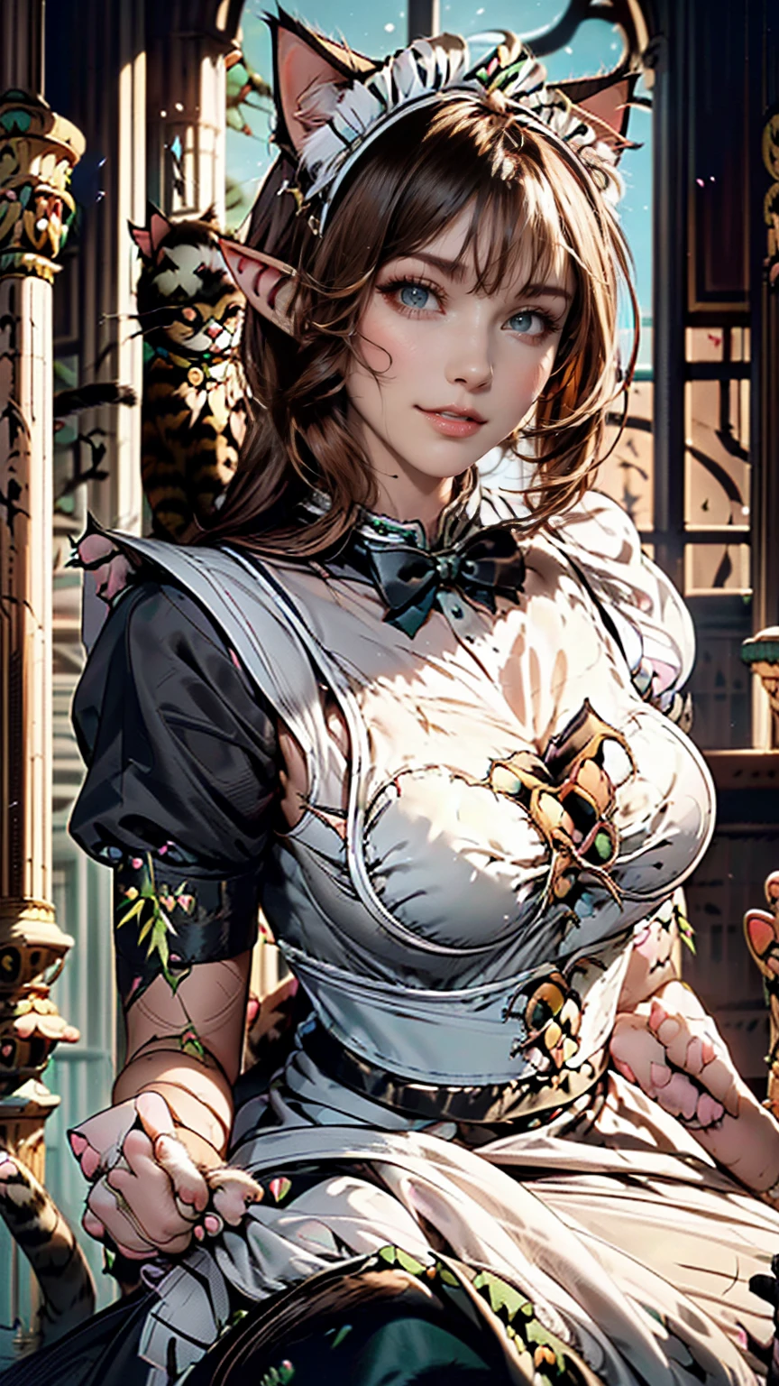 Beautiful woman, (Elf Queen:1.4) Sitting on the throne,(Cat maid outfit:1.8) , Perfect Face, whole body, Victorian era, Aristocratic costume, Intricate decoration, spelling, talk, smile, Put your arms behind your back, Soft Rim Light, Beautifully detailed skies, masterpiece, Ultra-high resolution, high quality, 4K, (photographrealistic:1.2), photograph,