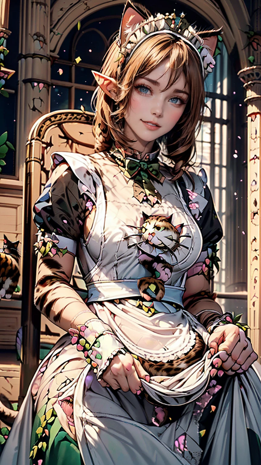 Beautiful woman, (Elf Queen:1.4) Sitting on the throne,(Cat maid outfit:1.8) , Perfect Face, whole body, Victorian era, Aristocratic costume, Intricate decoration, spelling, talk, smile, Put your arms behind your back, Soft Rim Light, Beautifully detailed skies, masterpiece, Ultra-high resolution, high quality, 4K, (photographrealistic:1.2), photograph,