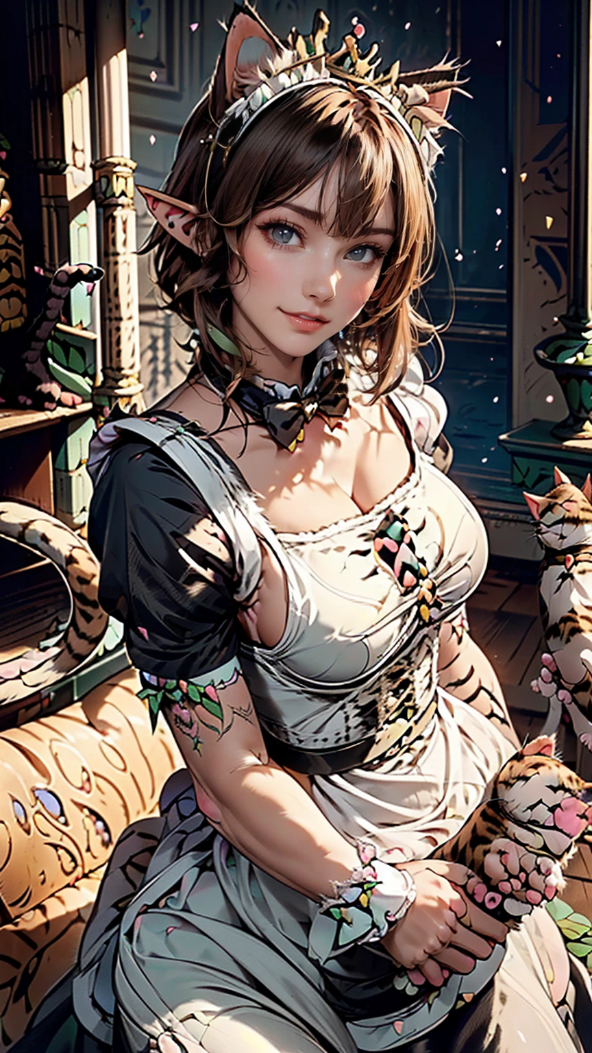 Beautiful woman, (Elf Queen:1.4) Sitting on the throne,(Cat maid outfit:1.8) , Perfect Face, whole body, Victorian era, Aristocratic costume, Intricate decoration, spelling, talk, smile, Put your arms behind your back, Soft Rim Light, Beautifully detailed skies, masterpiece, Ultra-high resolution, high quality, 4K, (photographrealistic:1.2), photograph,