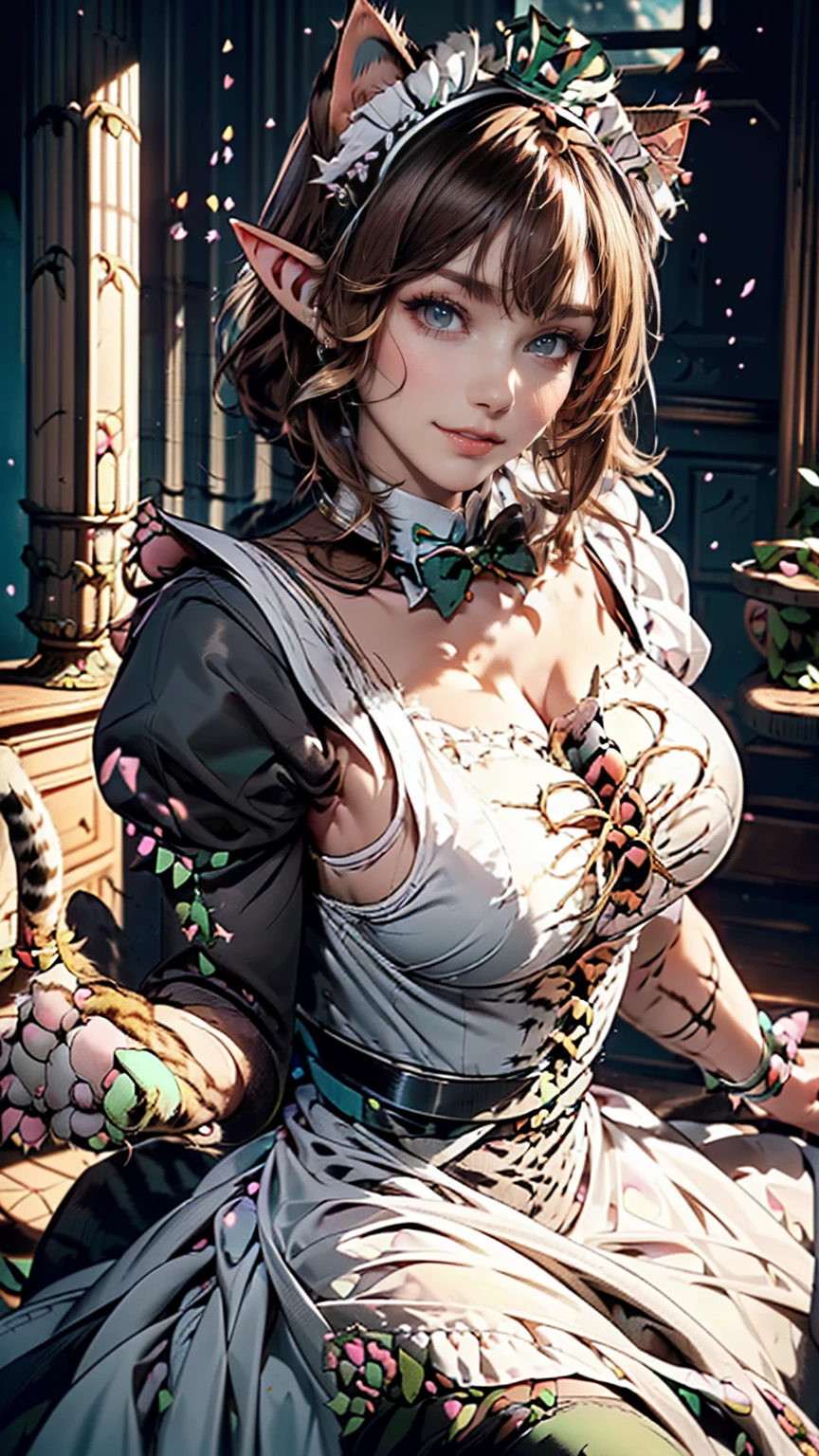 Beautiful woman, (Elf Queen:1.4) Sitting on the throne,(Cat maid outfit:1.8) , Perfect Face, whole body, Victorian era, Aristocratic costume, Intricate decoration, spelling, talk, smile, Put your arms behind your back, Soft Rim Light, Beautifully detailed skies, masterpiece, Ultra-high resolution, high quality, 4K, (photographrealistic:1.2), photograph,