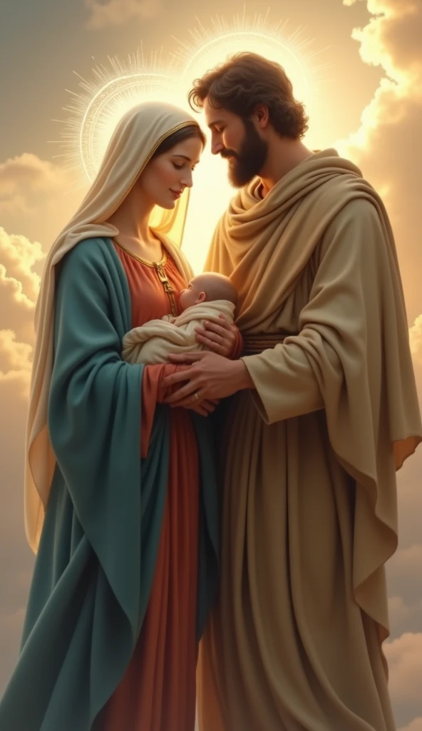a very beautiful Virgin Mary, Reddish beige tunic, Blue cloak and veil, Halo, And Joseph, her betrothed