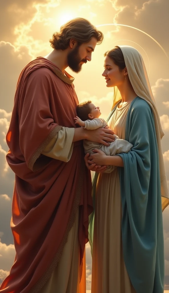 a very beautiful Virgin Mary, Reddish beige tunic, Blue cloak and veil, Halo, And Joseph, her betrothed