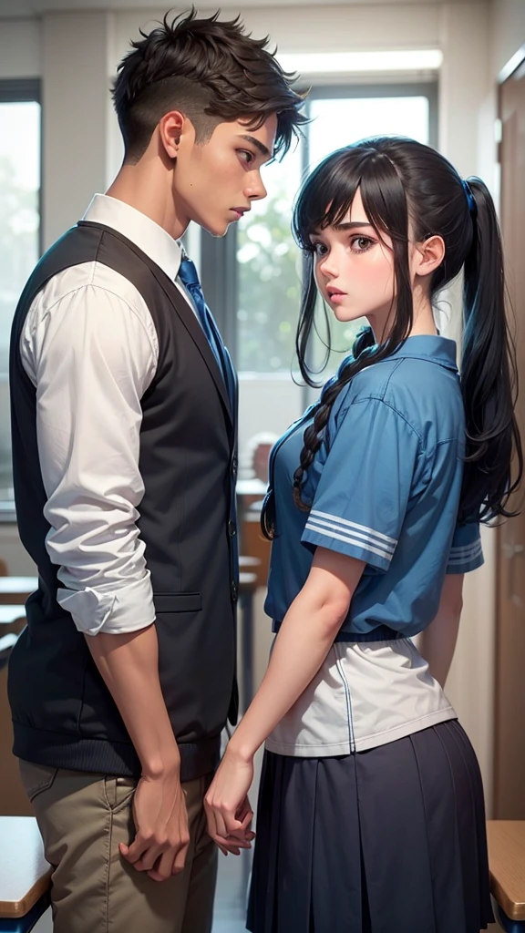 A cute guy one a high school terice with a blue an d and black trouse and he his so cute and aguwing with the teacher and the principal about fighting with a girl about parents