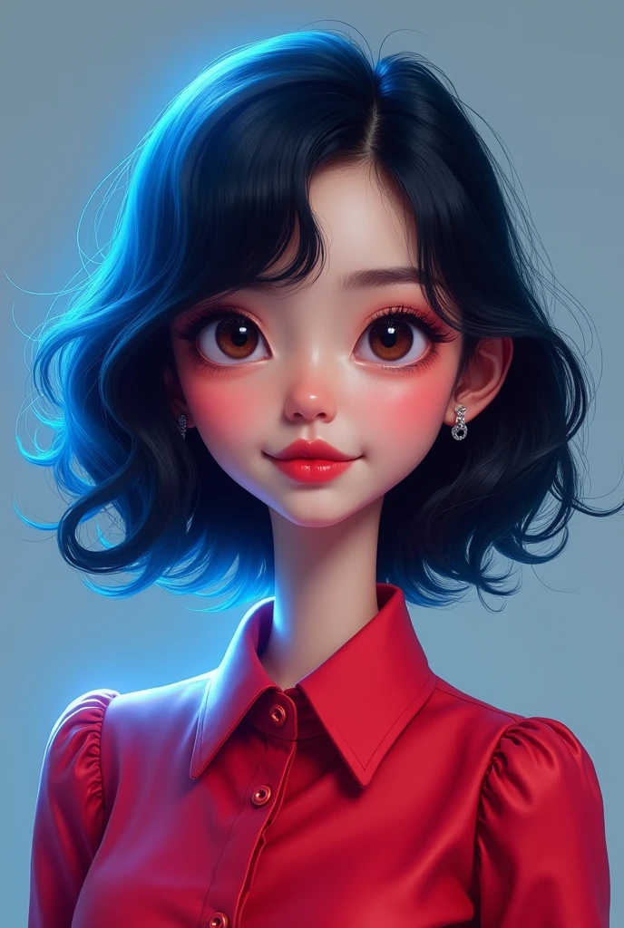 Glow art, with neon lighting effect, A woman, short shoulder length hair with slightly wavy hair and side parting like a TV presenter style, dark brown eyes, painting style with normal eye proportions, cute and young face shape, dark brown eye color, 17 year old facial proportions, normal and not large nose proportions, brush strokes on the hair, wearing a formal women's shirt with a collar on the neck, red color shirt, Facing forward like a profile photo,Semi-caricature result with big head and , plain grey background, blue glow art light, hair and shoulder glow art light effect