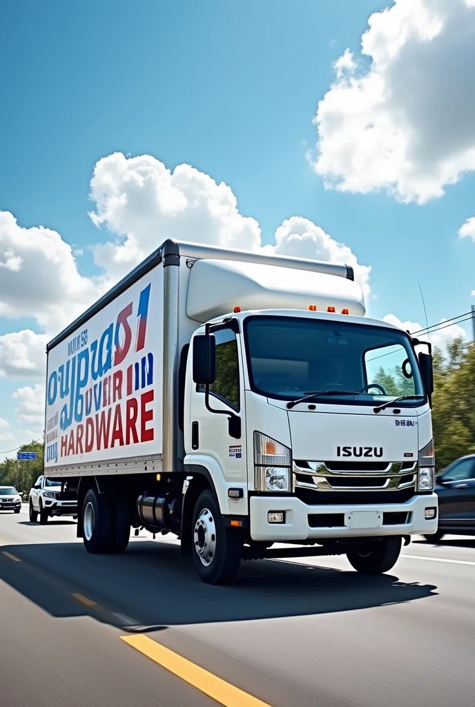 A white Isuzu frr truck written on the sides BYPASS STOPOVER HARDWARE in blue and red