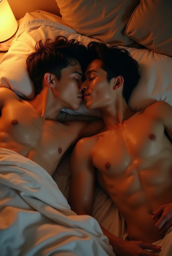 2 young Asian men , bare, full body, Lie on your back. , hug and kiss , big penis, bareมีจู๋, fit , Has abs