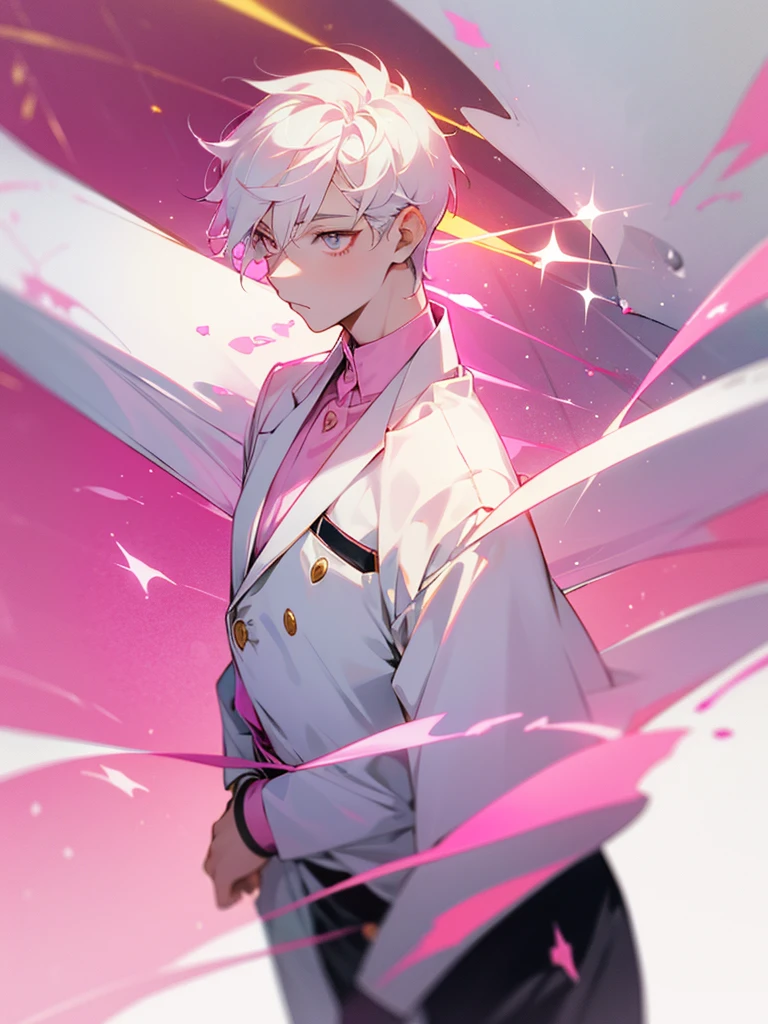 1 boy, pink and white Japanese suit, golden eyes, short hair, white hair, childish look, candy background, pink sparkles as decoration.