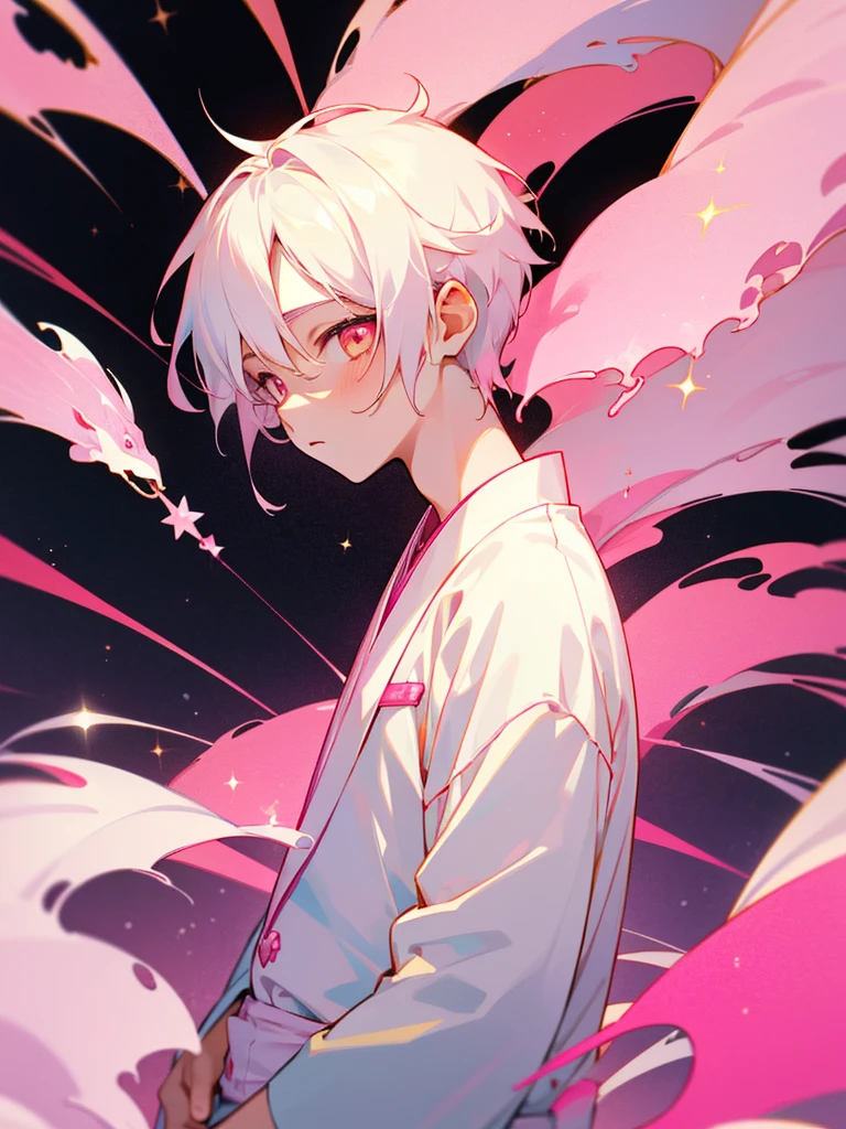 1 boy, pink and white Japanese suit, golden eyes, short hair, white hair, childish look, candy background, pink sparkles as decoration.