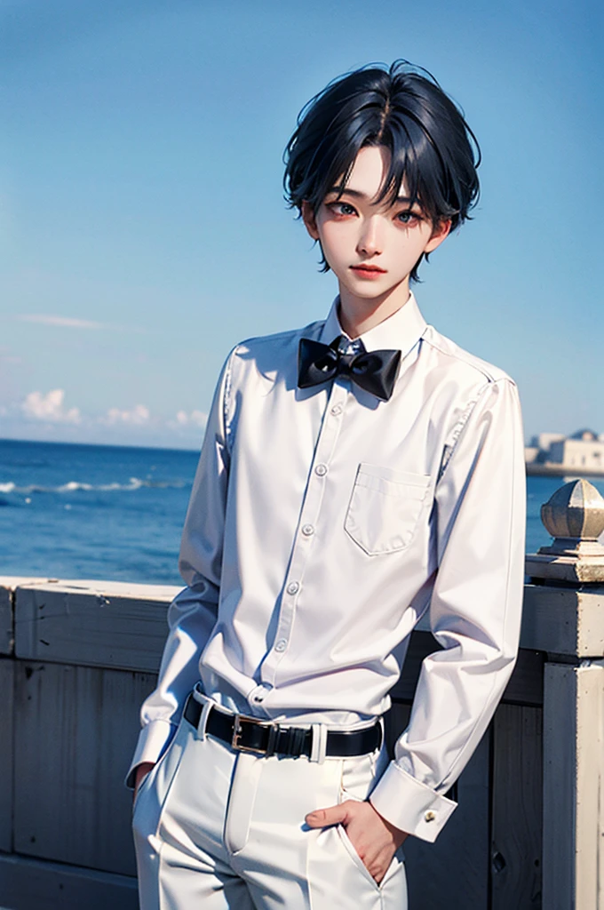 Blue Hair, White skin, 18 years old, Super Detail, masterpiece, 8K, 1 Boys, Korean, Astonishing, Idol Appearance, high quality, Refreshing, high quality, White shirt, Black pants, Long black tie, Beautiful androgynous man, Boys, Refreshing, summer, Sky blue background, Clear, Natural Lighting, Fujifilm, Make your eyes look more natural, Makeup, Main