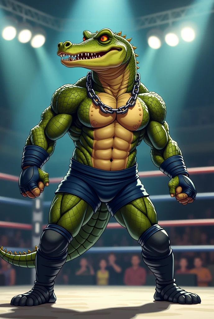 Detailed picture of a confident male wrestler anthro, (crocodile, olive green, lean body) in a wrestling ring, trending on Art Station, Ross Tran, ruan jia, foxovh, ((determined expression, gritting teeth, wearing navy wrestler pants, wearing wrestling protective gear, with a metal chain around he's neck, (((dynamic lighting,))), cartoon