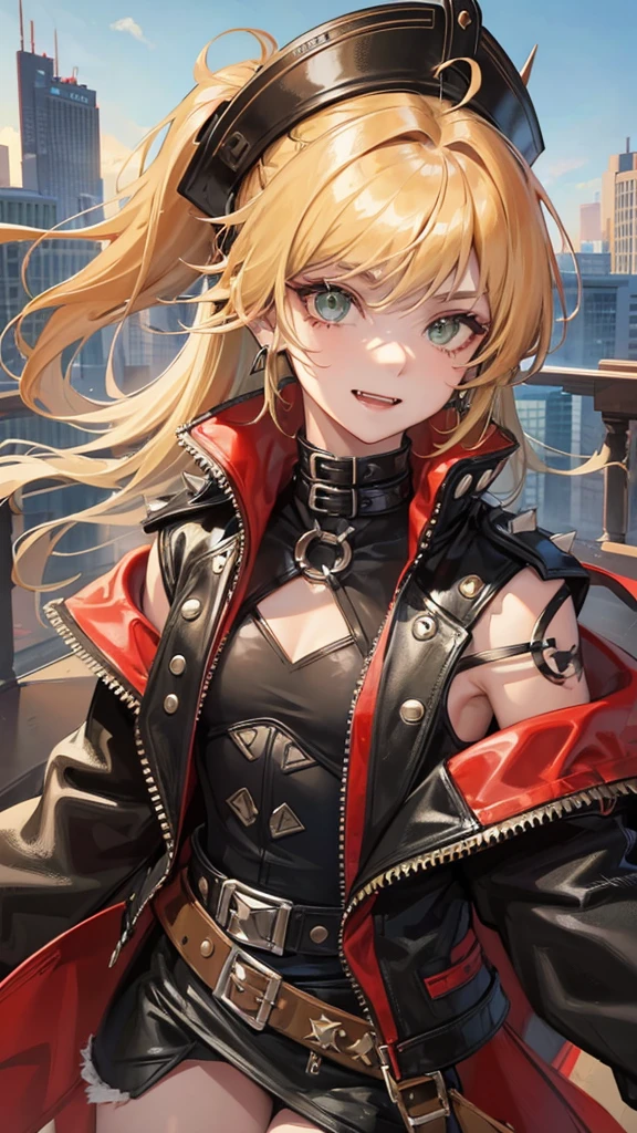 1 boy, anime, high quality, intricate details, futuristic setting, cowboy aesthetic, cropped leather jacket, spiked collar, gloves, messy hair, small ponytail, fangs, grinning, green eyes, earrings, androgynous, red hair, blonde streaks in hair, city setting, red bandana around neck, spiked belt, moles on face, cowboy hat, button-up shirt, lithe, hip straps, ombré hair
