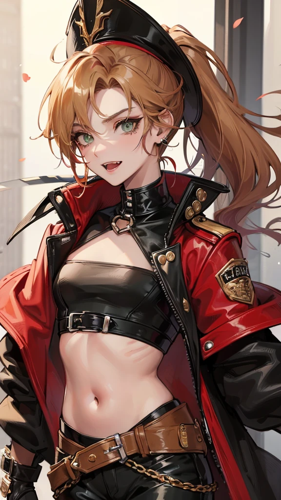 1 boy, anime, high quality, intricate details, futuristic setting, cowboy aesthetic, cropped leather jacket, spiked collar, gloves, messy hair, small ponytail, fangs, grinning, green eyes, earrings, androgynous, red hair, blonde streaks in hair, city setting, red bandana around neck, spiked belt, moles on face, cowboy hat, button-up shirt, lithe, hip straps, ombré hair