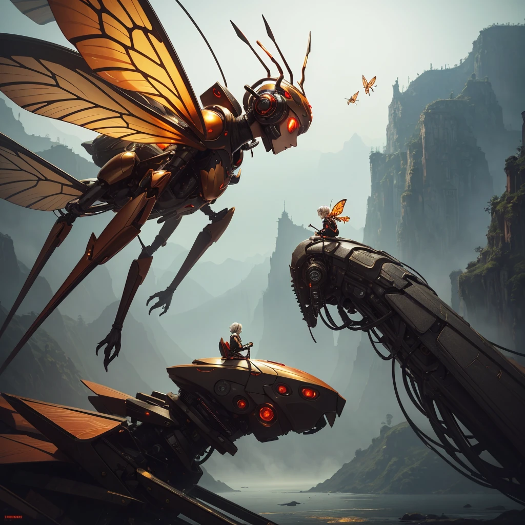 A short-haired girl with white hair is sitting on a massive mechanical ant with intricately designed wings. The ant's glowing red eyes and metallic surface add to its imposing presence. The girl is dressed in a vibrant orange coat with a high collar and large headphones, and she wears black boots with metal strips. She is holding onto the ant's antennae, and a travel luggage is strapped onto the ant's back.
The backdrop is a mysterious landscape featuring a floating city, reminiscent of another world. Golden mist and faint green tones give the scene an eerie yet peaceful feeling. In the background, floating islands with twisted structures and red-gold butterflies add a surreal atmosphere to the scene.