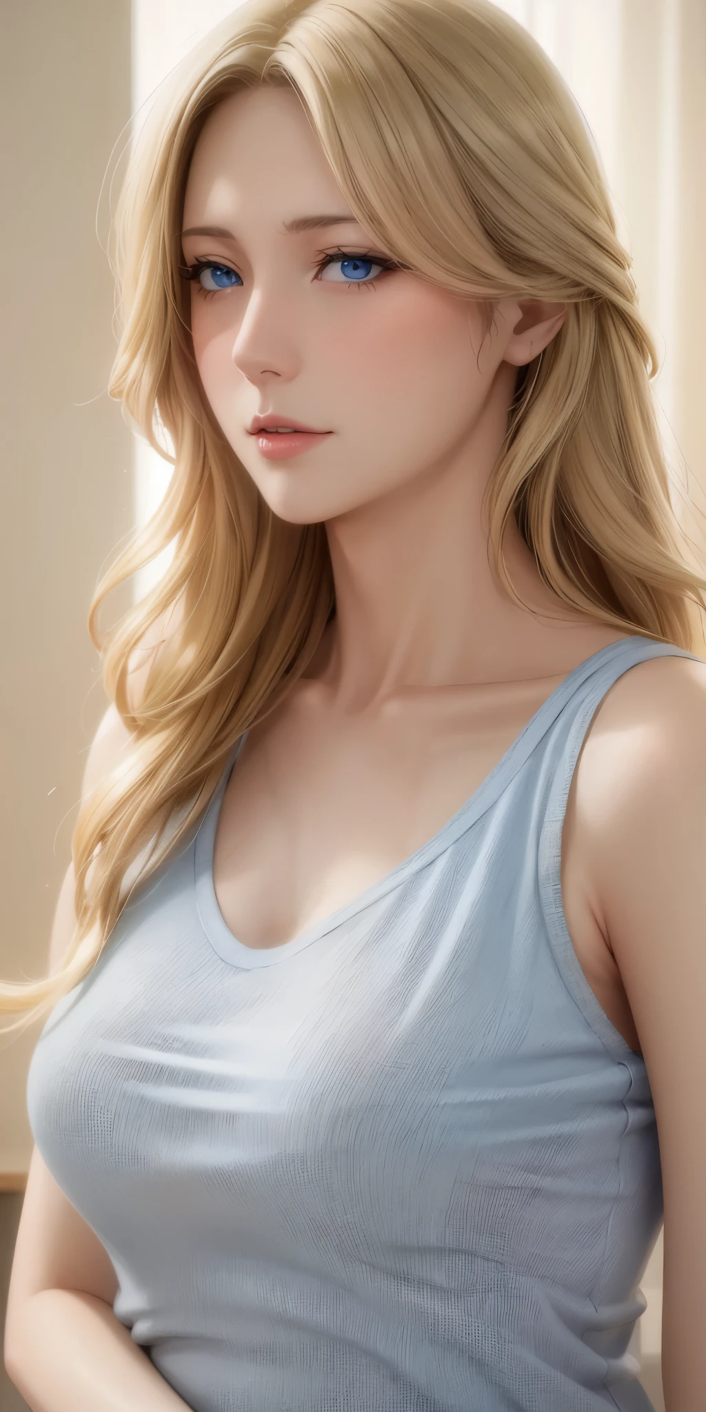 Elegant mature female, blue eyes, blonde hair, soft light, high detailed, 4k resolution, high quality, beautiful cg,