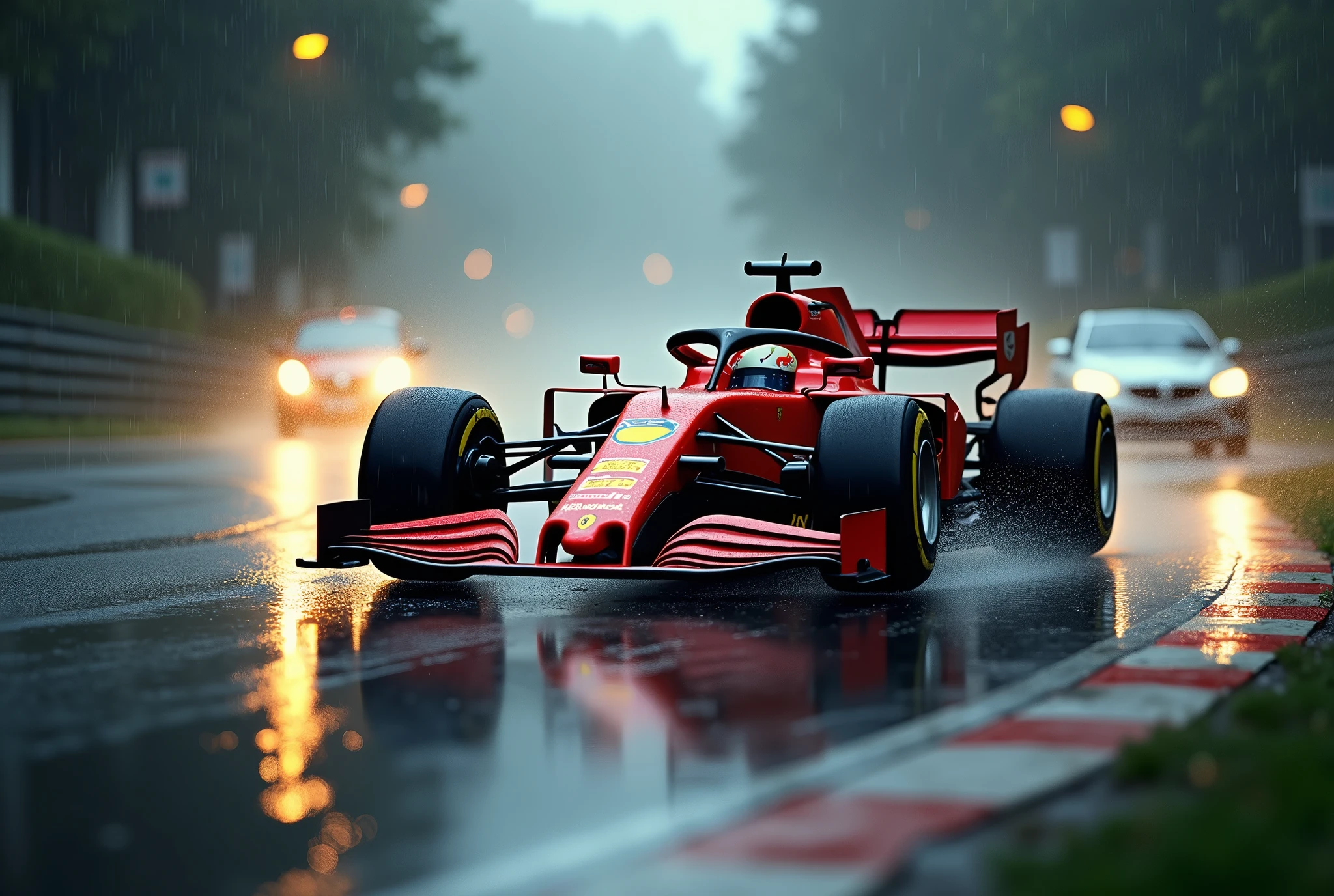 Realism, Stereoscopic, Cinematic lighting, Background motion blur, Dynamic depth of field, Speed, (Focus wheels, Side shot: 1.2), Light and dark, Glow, Reflected light, Motion lines, Shortened, 8K, Ultra detailed, Accurate, Best Quality, (Night Rain: 2.0), Ferrari F1 cars speeding through corners, Real paint, reflective texture, Bright and realistic wheels (One Car Solo:1.5), Solo, Wet Road, in the Crpht-4300 photographic style