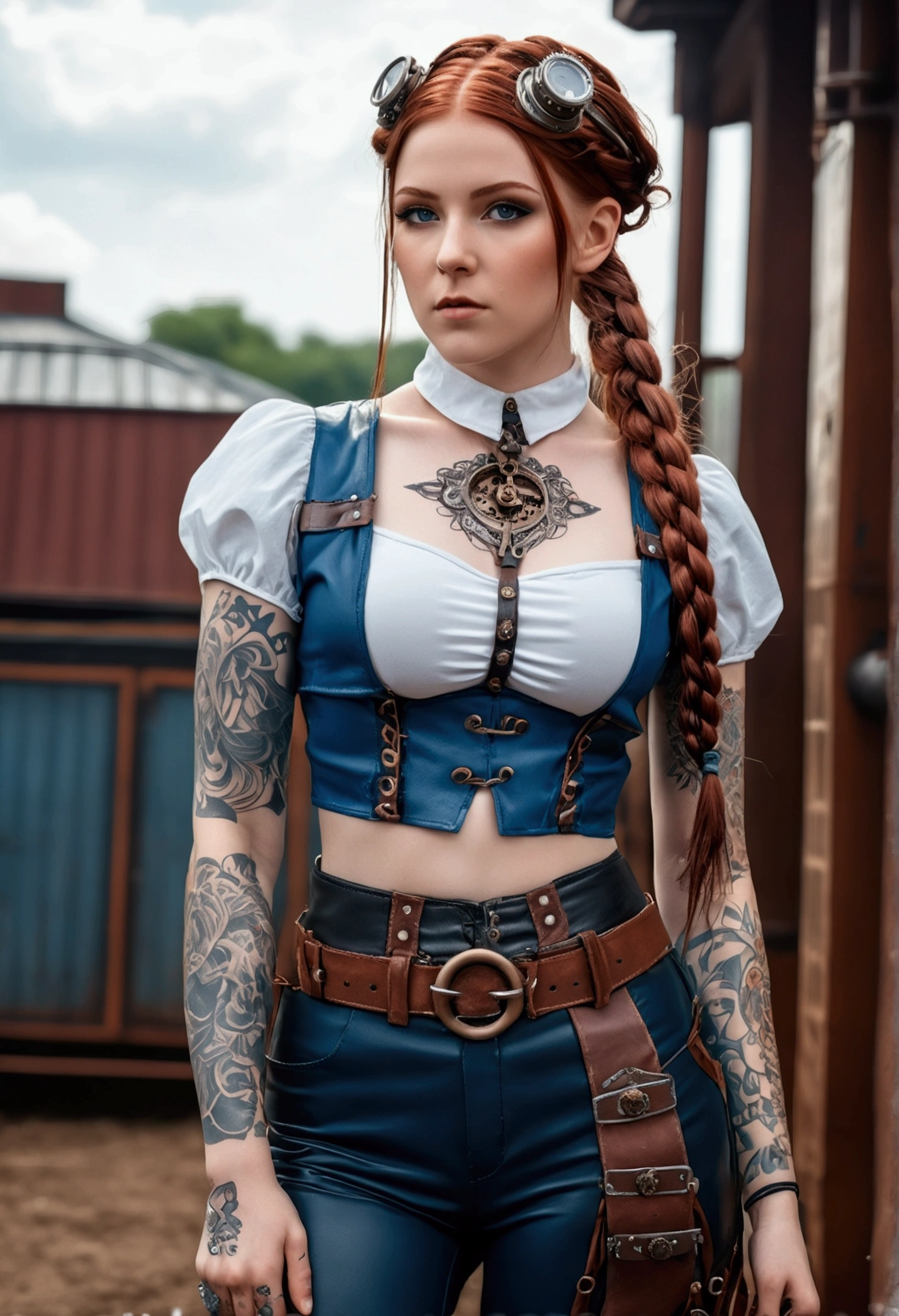an steampunk girl at a , (white crop top:1.2), small breast, black and blue leather, tattoo, hyper detailed, ultra sharp, long auburn hair in braids, 8k, (insanely detailed:1.5), full body photograph, 20 megapixel, canon eos r3, detailed skin, pale skin