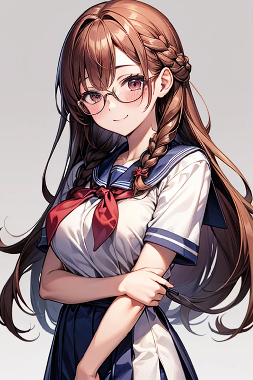 One person, High resolution, Long Hair, Gaze, smile, masterpiece, accurate, Highest quality, Ultra high definition, Large Breasts, Blushing, Simple Background, School、Sailor suit、uniform、high school girl、Braid, Wearing glasses