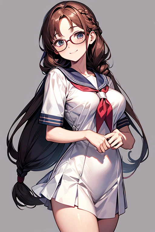 One person, High resolution, Long Hair, Gaze, smile, masterpiece, accurate, Highest quality, Ultra high definition, Large Breasts, Blushing, Simple Background, School、Sailor suit、uniform、high school girl、Braid, Wearing glasses