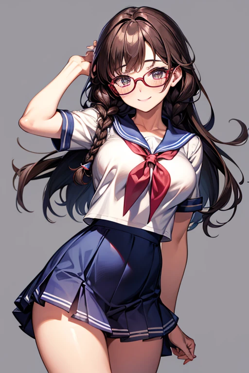 One person, High resolution, Long Hair, Gaze, smile, masterpiece, accurate, Highest quality, Ultra high definition, Large Breasts, Blushing, Simple Background, School、Sailor suit、uniform、high school girl、Braid, Wearing glasses