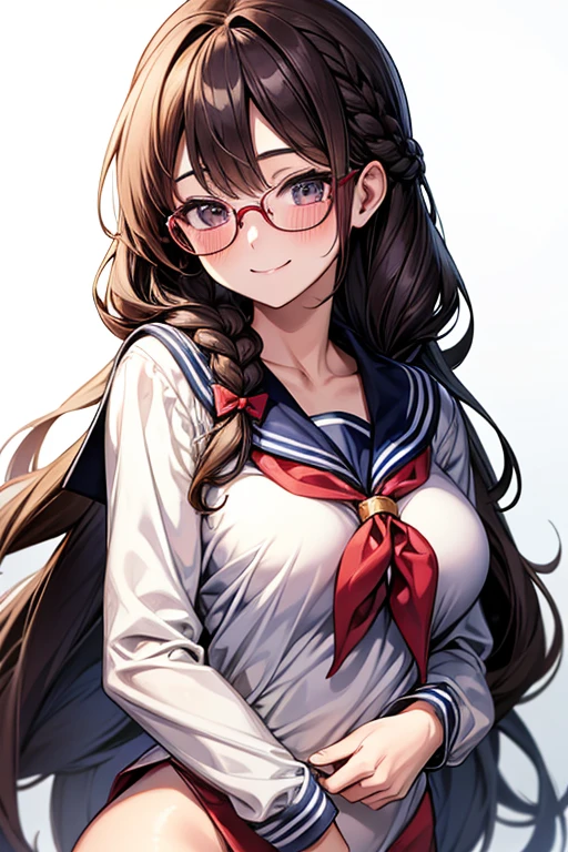 One person, High resolution, Long Hair, Gaze, smile, masterpiece, accurate, Highest quality, Ultra high definition, Large Breasts, Blushing, Simple Background, School、Sailor suit、uniform、high school girl、Braid, Wearing glasses