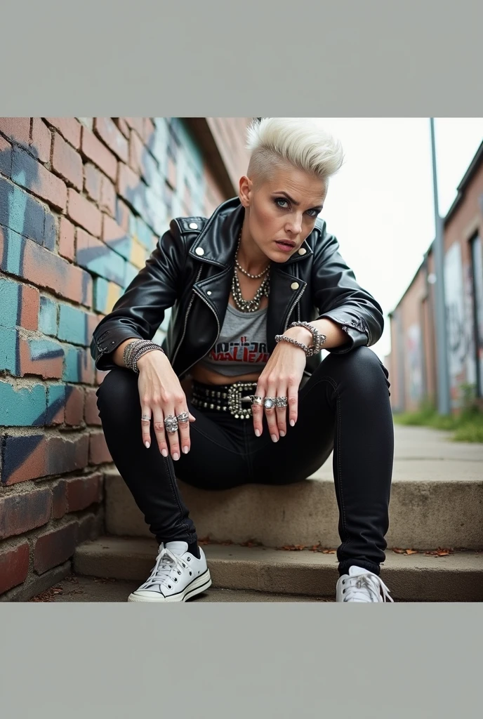 Old russian milf, platinum blonde hair in quiff style with shaved sides, with very light blue eyes, pale, lots of eye shadows. Big eyes. Smeared makeup.Wearing black moto jacket, cropped rock t-shirt, black skinny leather jeans and white tennis sneakers. Wide belt with tacky, oversized buckle, lots of rings and studded bracelets , Very scared, trying to hide