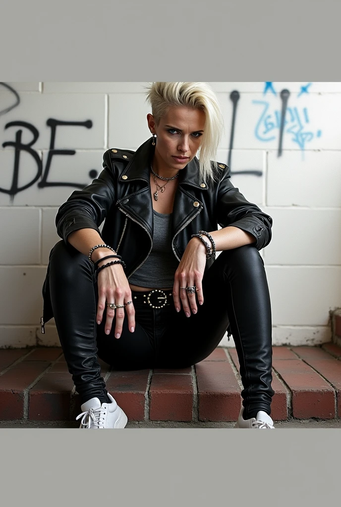 Old russian milf, platinum blonde hair in quiff style with shaved sides, with very light blue eyes, pale, lots of eye shadows. Big eyes. Smeared makeup.Wearing black moto jacket, cropped rock t-shirt, black skinny leather jeans and white tennis sneakers. Wide belt with tacky, oversized buckle, lots of rings and studded bracelets , Very scared, trying to hide