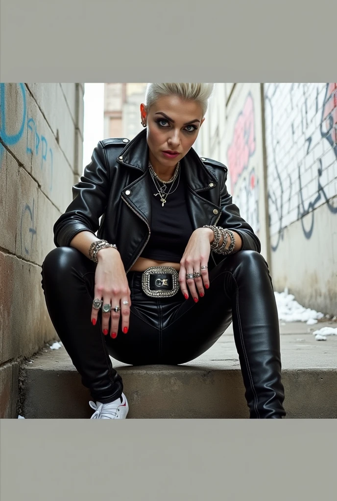 Old russian milf, platinum blonde hair in quiff style with shaved sides, with very light blue eyes, pale, lots of eye shadows. Big eyes. Smeared makeup.Wearing black moto jacket, cropped rock t-shirt, black skinny leather jeans and white tennis sneakers. Wide belt with tacky, oversized buckle, lots of rings and studded bracelets , Very scared, trying to hide