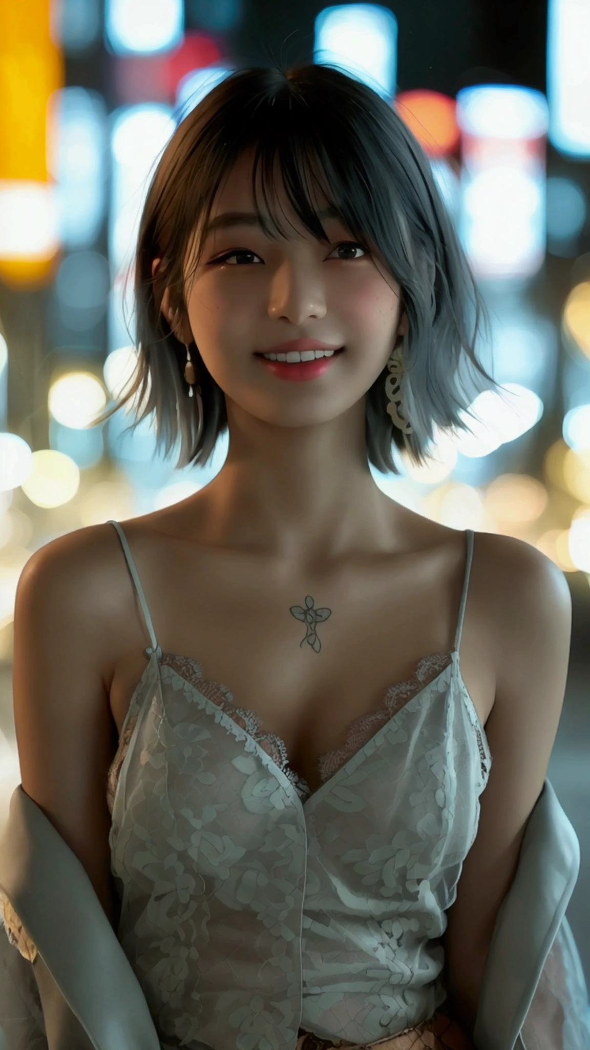(8k, Photorealistic, Raw photo, Highest quality: 1.4),Japanese idol-style beautiful girl,1 person,18-year-old,(Short Bob),(Black Hair :1.1),She has her hair tucked behind her ears,Clear grey eyes,Long eyelashes,(piercings(small)),(Lip gloss),lips(Plump,glossy),thin long neck,(camisole),(flare skirt(Layered lace)),pumps,(Sleeveless jacket((Lace embroidery),(Mesh))Layered),Night in the city,Date with boyfriend,Smiling at the camera,Full body portrait