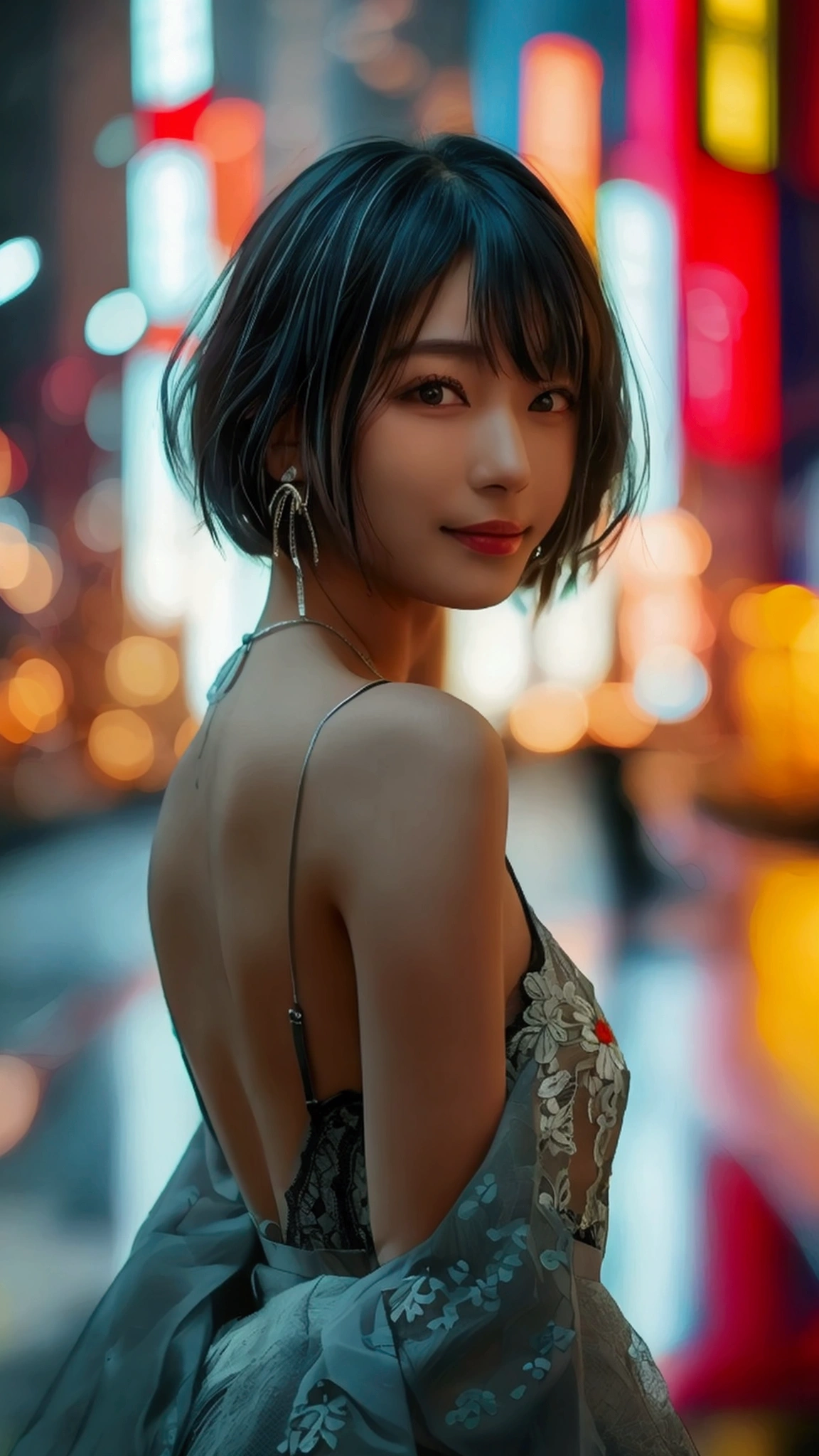 (8k, Photorealistic, Raw photo, Highest quality: 1.4),Japanese idol-style beautiful girl,1 person,18-year-old,(Short Bob),(Black Hair :1.1),She has her hair tucked behind her ears,Clear grey eyes,Long eyelashes,(piercings(small)),(Lip gloss),lips(Plump,glossy),thin long neck,(camisole),(flare skirt(Layered lace)),pumps,(Sleeveless jacket((Lace embroidery),(Mesh))Layered),Night in the city,Date with boyfriend,Smiling at the camera,Full body portrait