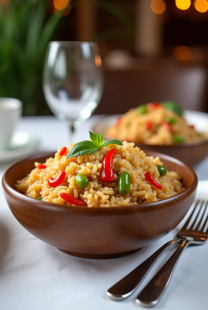 (photorealism:1.2), SCHEZWAN FRIED RICE IN CUTLERY WITH PLAN BACKGROUND