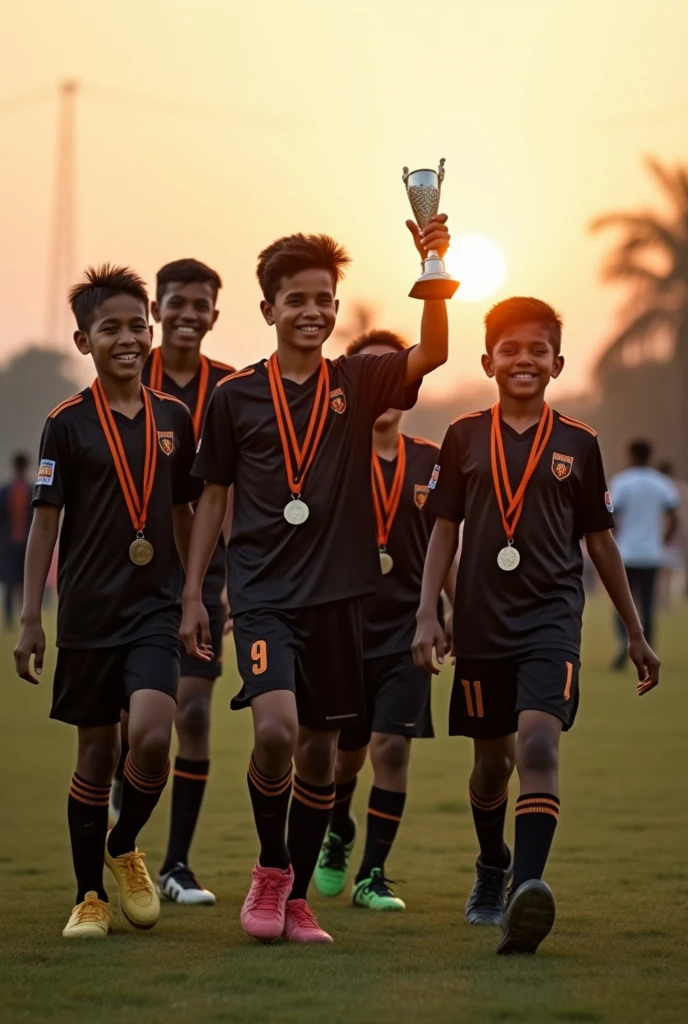 10 yeaars 5 boys wearing their black jersy samip 9 bibash 10 sajan 11 laxman 12 and one 8 year boy wearing jersy named samin 10 and they won a big trophy and medals and walking from ground